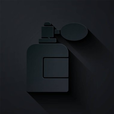 Siyah arka planda izole edilmiş atom ikonu olan kağıt kesiği losyon şişesi. Parfüm spreyi ikonu. Erkek parfüm şişesi. Kağıt sanatı tarzı. Vektör İllüstrasyonu