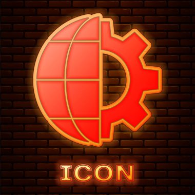 Dünya 'nın parlayan neon küresi ve teçhizat ya da dişli ikonu tuğla duvar arkasında izole edilmiş. Parametreler ayarlanıyor. Global Seçenekler. Vektör İllüstrasyonu