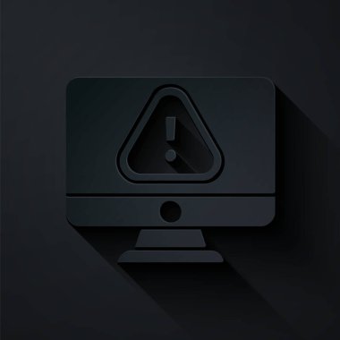 Kağıt kesikli Bilgisayar monitörü ve siyah arkaplanda ünlem işareti simgesi izole. Uyarı mesajı akıllı telefon uyarısı. Kağıt sanatı tarzı. Vektör İllüstrasyonu