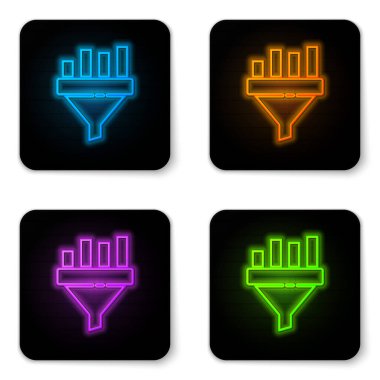 Işıldayan neon satış hunisi beyaz arka planda izole edilmiş pazarlama ve başlangıç iş simgesi grafiği ile. Bilgi şablonu. Siyah kare düğme. Vektör İllüstrasyonu