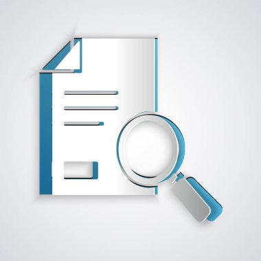 Gri arkaplanda arama simgesi izole edilmiş kağıt kesimi Belgesi. Dosya ve büyüteç simgesi. Analitik araştırma işareti. Kağıt sanatı tarzı. Vektör İllüstrasyonu