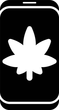 Siyah cep telefonu ve tıbbi marihuana veya beyaz arka planda izole edilmiş kenevir yaprağı ikonu. İnternetten satın alma sembolü. Süpermarket sepeti. Vektör İllüstrasyonu