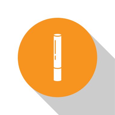 Beyaz marihuana mekanı, beyaz arka planda izole edilmiş sigara ikonu. Uyuşturuculu sigara, esrar sarılmış sigara. Turuncu daire düğmesi. Vektör İllüstrasyonu