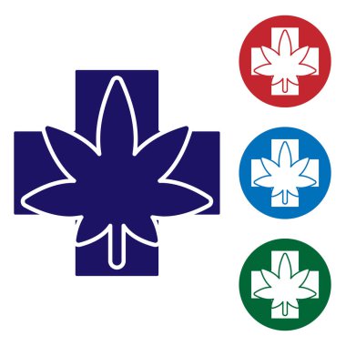 Mavi Tıbbi marihuana ya da kenevir yaprağı ikonu beyaz arka planda izole edilmiş. Kenevir sembolü. Renkli kare düğmelerle simgeleri ayarla. Vektör İllüstrasyonu