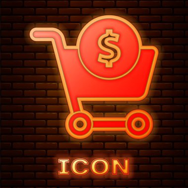 Parlayan neon alışveriş arabası ve duvar arkasında izole edilmiş dolar sembolü. İnternetten satın alma konsepti. Teslimat servisi. Süpermarket sepeti. Vektör İllüstrasyonu