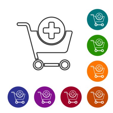 Siyah çizgi Beyaz arkaplanda izole edilmiş alışveriş arabası simgesine ekle. İnternetten satın alma konsepti. Servis tabelası. Süpermarket sepeti sembolü. Simgeleri renk daire düğmelerine ayarla. Vektör İllüstrasyonu