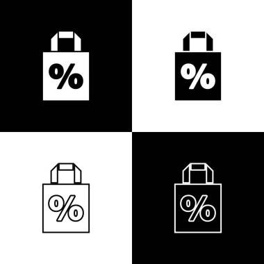 Siyah beyaz arkaplanda% 100 indirim simgesiyle Shoping torbasını ayarla. El çantası işareti. Vektör İllüstrasyonu