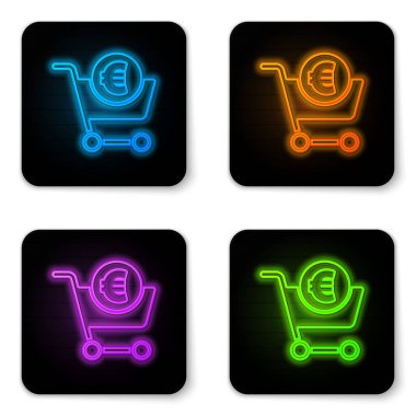 Parlayan neon alışveriş arabası ve avroya ait sembol beyaz arka planda izole edilmiş. İnternetten satın alma konsepti. Teslimat servisi. Alışveriş arabası. Siyah kare düğme. Vektör İllüstrasyonu