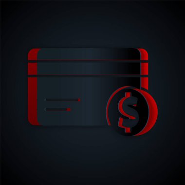 Kağıt kesiği kredi kartı ve dolar sembolü siyah arka planda izole edilmiş. Çevrimiçi ödeme. Nakit çekilmesi. Finansal operasyonlar. Kağıt sanatı tarzı. Vektör İllüstrasyonu