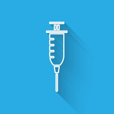 Beyaz çizgi şırınga ikonu uzun gölgeli izole edildi. Aşı için şırınga, aşı, iğne, grip aşısı. Tıbbi ekipman. Vektör İllüstrasyonu