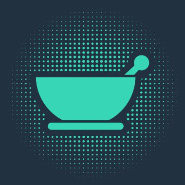 Yeşil havan topu ve tokmak simgesi mavi arkaplanda izole edildi. Soyut çember rastgele noktalar. Vektör İllüstrasyonu