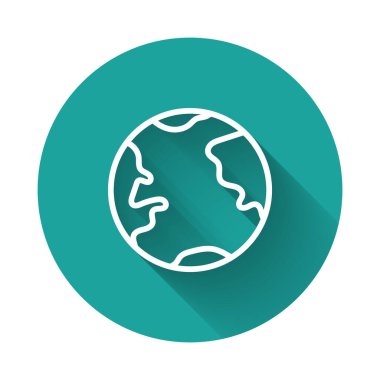 Beyaz çizgi Dünya ikonu uzun gölgeli izole edilmiş. Dünya ya da Dünya işareti. Küresel internet sembolü. Geometrik şekiller. Yeşil daire düğmesi. Vektör İllüstrasyonu