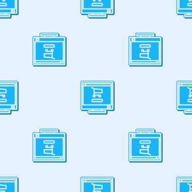 Ekran bilgisayar simgesinde mavi çizgi alışveriş arabası gri arkaplanda izole edilmiş pürüzsüz desen. Konsept e-ticaret, e-ticaret, online iş pazarlama. Vektör İllüstrasyonu