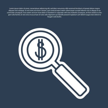 Mavi çizgi büyüteç ve dolar sembolü mavi arka planda izole edilmiş. Para bul. Para arıyorum. Vektör İllüstrasyonu