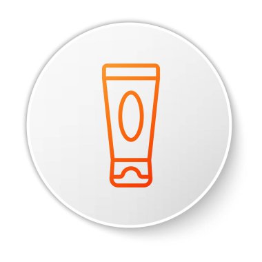 Beyaz arka planda izole edilmiş turuncu çizgi kremi ya da losyon kozmetik tüp ikonu. Erkekler için vücut bakım ürünleri. Beyaz daire düğmesi. Vektör İllüstrasyonu