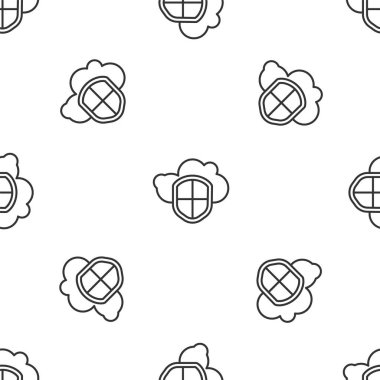 Gri çizgi Bulut ve kalkan ikonu beyaz arka planda izole edilmiş kusursuz desen. Bulut depolama veri koruması. Güvenlik, güvenlik, koruma, gizlilik kavramı. Vektör İllüstrasyonu