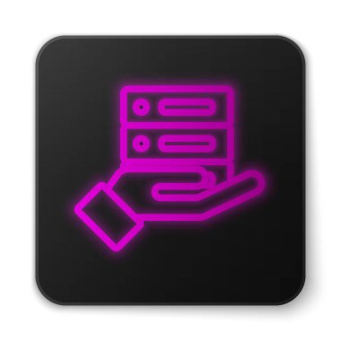 Parlayan neon hattı Sunucu, Data, Web sunucu simgesi beyaz arkaplanda izole edildi. Siyah kare düğme. Vektör İllüstrasyonu