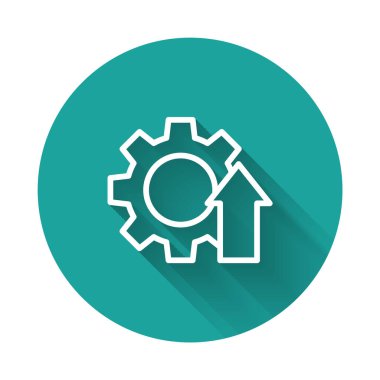 Beyaz çizgi Arrow büyüyen dişli iş simgesi uzun gölgeli izole. Üretkenlik simgesi. Yeşil daire düğmesi. Vektör İllüstrasyonu