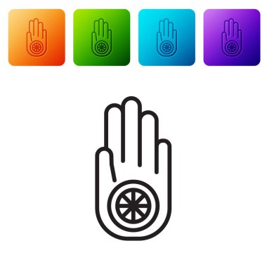 Beyaz arka planda siyah çizgi Jainizm ya da Jain Dharma simgesi izole. Dini işaret. Ahimsa 'nın sembolü. Renkli kare düğmelerle simgeleri ayarla. Vektör İllüstrasyonu