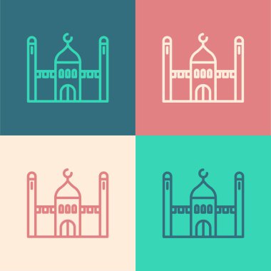 Pop sanat çizgisi Müslüman Cami simgesi renk arkaplanında izole edilmiş. Vektör İllüstrasyonu