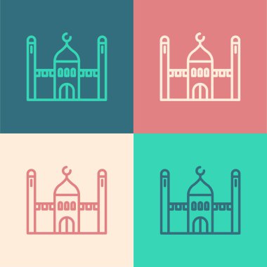 Pop sanat çizgisi Müslüman Cami simgesi renk arkaplanında izole edilmiş. Vektör İllüstrasyonu