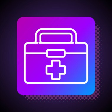 Beyaz çizgi ilk yardım çantası simgesi siyah arkaplanda izole edildi. Haçlı sağlık kutusu. Acil durumlar için tıbbi ekipman. Sağlık sigortası konsepti. Kare renk düğmesi. Vektör İllüstrasyonu