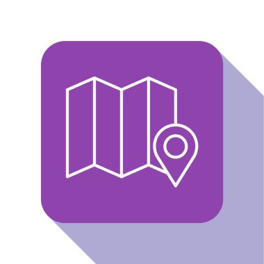 Ormanın beyaz çizgi konumu beyaz arka planda izole edilmiş bir harita simgesi üzerinde. Mor kare düğme. Vektör İllüstrasyonu