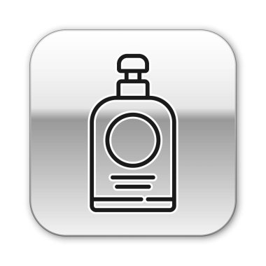 Siyah çizgi El dezenfektanı beyaz arka planda izole edilmiş. Dezenfeksiyon konsepti. Yıkama jeli. Hijyen için alkol şişesi. Gümüş kare düğme. Vektör İllüstrasyonu