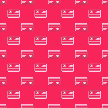 Beyaz çizgi kredi kartı simgesi kırmızı arkaplanda kusursuz desen izole etti. Çevrimiçi ödeme. Nakit çekilmesi. Finansal operasyonlar. Alışveriş tabelası. Vektör İllüstrasyonu