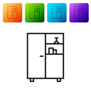 Siyah çizgi ilaç dolabı simgesi beyaz arkaplanda izole edilmiş. Renkli kare düğmelerle simgeleri ayarla. Vektör İllüstrasyonu