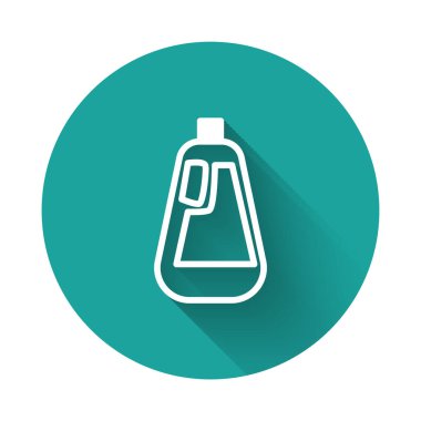 Beyaz çizgi plastik şişe sıvı çamaşır deterjanı, çamaşır suyu, bulaşık deterjanı uzun gölgeli izole edilmiş ikon. Yeşil daire düğmesi. Vektör İllüstrasyonu