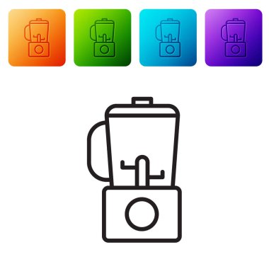 Siyah çizgi karıştırıcı simgesi beyaz arkaplanda izole edildi. Mutfak elektrikli kırıcı ve kase. Meyve suyu, kokteyl ya da meyve suyu. Renkli kare düğmelerle simgeleri ayarla. Vektör İllüstrasyonu