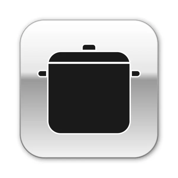 白い背景に隔離された黒のクッキングポットアイコン 沸騰またはシチュー食品のシンボル シルバーの正方形のボタン ベクトルイラストレーション — ストックベクタ