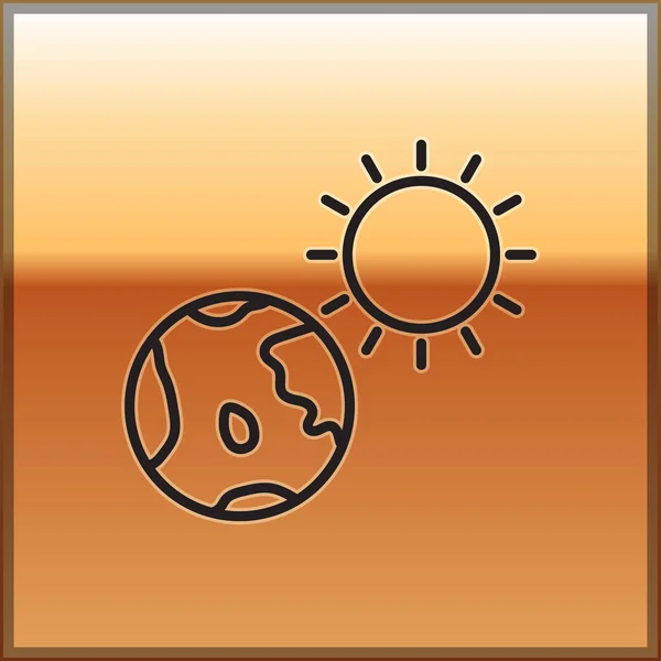 Черная Линия Земной Шар Солнце Значок Изолированы Золотом Фоне Знак — стоковый вектор