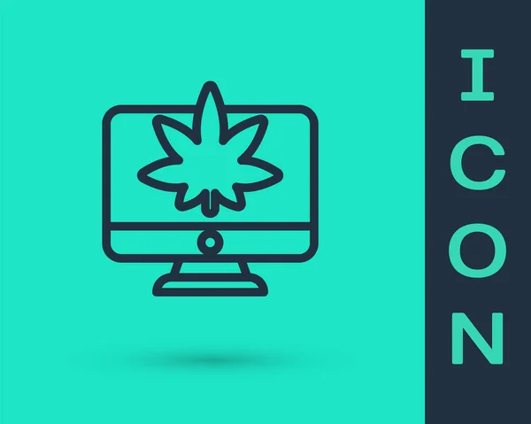 Black line Computer monitor and medical marijuana or cannabis leaf icon isolated on green background. Online buying. Supermarket basket.  Vector Illustration