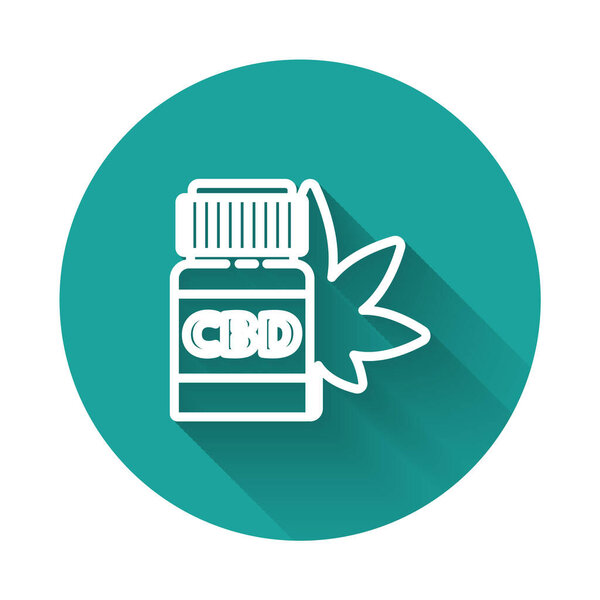 Белая линия Медицинская бутылка с марихуаной или иконой листьев конопли изолированы с длинной тенью. Изображение экстрактов масла конопли в банках. Кнопка зеленого круга. Векторная миграция
