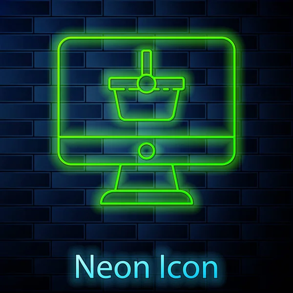 Glödande Neon Line Datorskärm Med Varukorg Ikon Isolerad Tegelvägg Bakgrund — Stock vektor