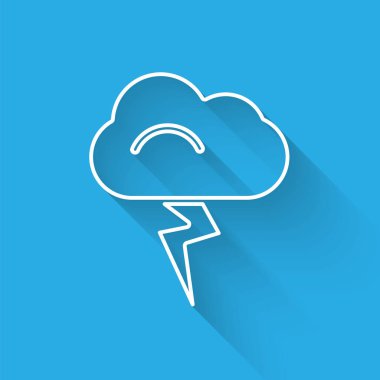 Beyaz çizgi Fırtına simgesi uzun gölgeli izole edilmiş. Bulut ve şimşek işareti. Fırtınanın hava durumu ikonu. Vektör İllüstrasyonu.