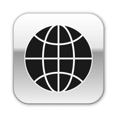 Siyah Dünya ikonu beyaz arkaplanda izole edildi. Yerküreye iğnele. Gümüş kare düğme. Vektör İllüstrasyonu.