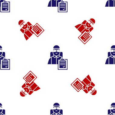 Karton kutuları olan mavi ve kırmızı teslimatçı beyaz arka planda izole edilmiş pürüzsüz desen. Kuryeyle kapı kapı dolaşacağız. Vektör İllüstrasyonu.