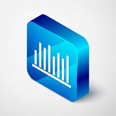 Gri arkaplanda Isometric Pie grafik bilgi simgesi izole edildi. Diyagram çizelgesi. Mavi kare düğme. Vektör İllüstrasyonu.