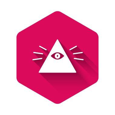 Beyaz Masonların sembolü, Tanrı 'nın her şeyi gören ikonu uzun gölgelerle izole edilmiş. Üçgendeki Tanrı 'nın Gözü. Pembe altıgen düğmesi. Vektör İllüstrasyonu.