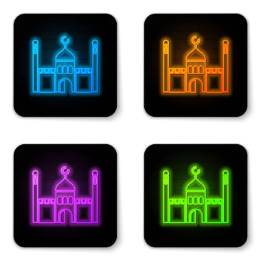 Parlayan neon renkli Müslüman cami simgesi beyaz arka planda izole edildi. Siyah kare düğme. Vektör İllüstrasyonu.