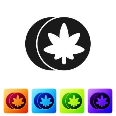 Siyah bitkisel ecstasy hapları beyaz arka planda izole edilmiş. Renkli kare düğmelerle simgeleri ayarla. Vektör İllüstrasyonu.