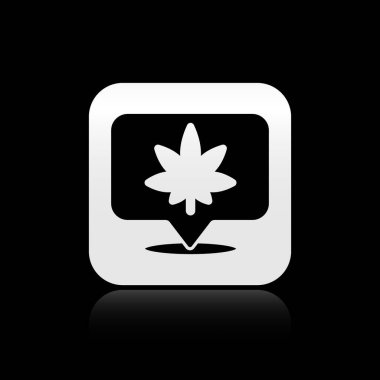 Siyah arka planda izole edilmiş siyah harita işaretleyici ve marihuana veya kenevir yaprağı ikonu. Kenevir sembolü. Gümüş kare düğme. Vektör İllüstrasyonu.
