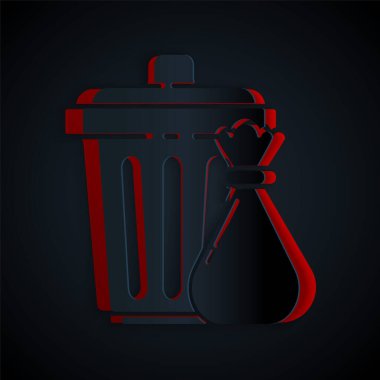 Kağıt kesiği çöp tenekesi ve çöp torbası simgesi siyah arkaplanda izole edilmiş. Çöp kutusu tabelası. Sepet simgesini geri dönüştür. Ofis çöpü ikonu. Kağıt sanatı tarzı. Vektör İllüstrasyonu.