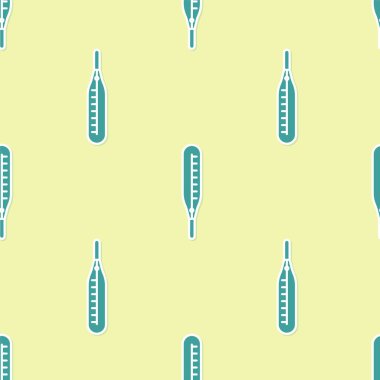 Tıbbi inceleme ikonu için yeşil termometre sarı arka planda izole edilmiş pürüzsüz desen. Vektör İllüstrasyonu.