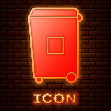 Parlayan neon çöp kutusu simgesi tuğla duvar arka planında izole edildi. Çöp kutusu tabelası. Sepet simgesini geri dönüştür. Ofis çöpü ikonu. Vektör İllüstrasyonu.
