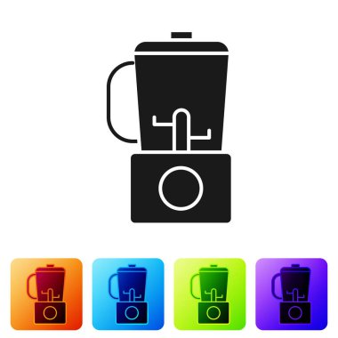Siyah karıştırıcı simgesi beyaz arkaplanda izole edildi. Mutfak elektrikli kırıcı ve kase. Meyve suyu, kokteyl ya da meyve suyu. Renkli kare düğmelerle simgeleri ayarla. Vektör İllüstrasyonu.