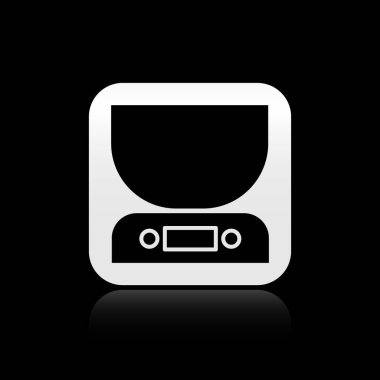 Siyah Elektronik ölçek simgesi siyah arkaplanda izole edildi. Ağırlık ölçüm aletleri. Gümüş kare düğme. Vektör İllüstrasyonu.